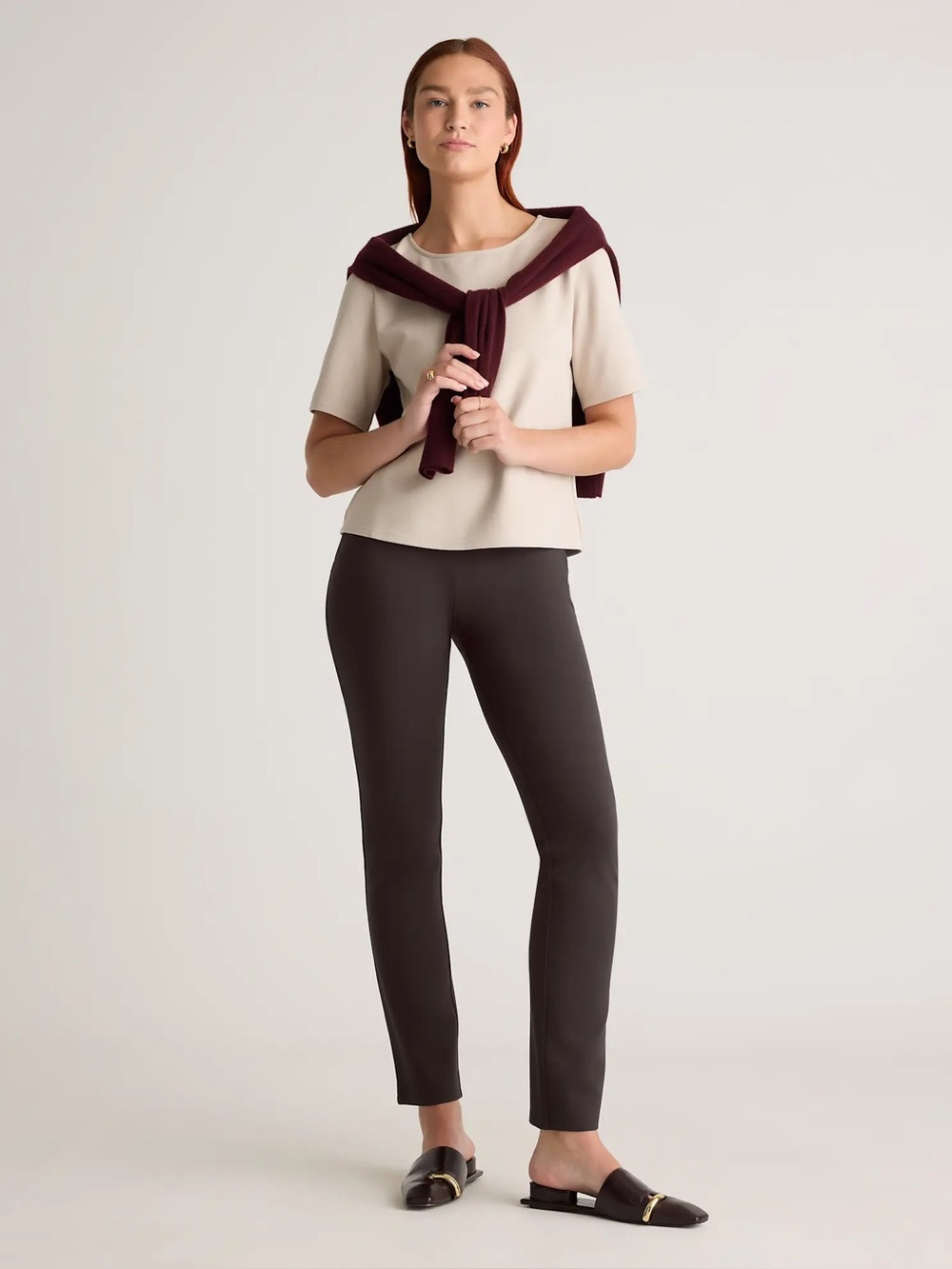 QUINCE Ulta-Stretch Ponte Straight Leg Pants Espresso Brown NWT Women's Size L